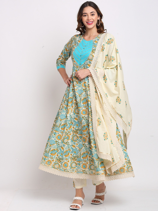 Women Beige Floral Printed Cotton Kurta Set