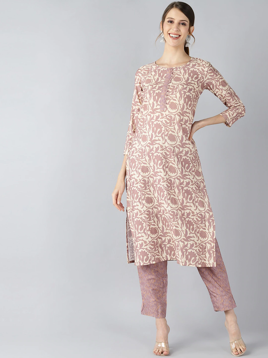 Women Beige Floral Printed Kurta Set