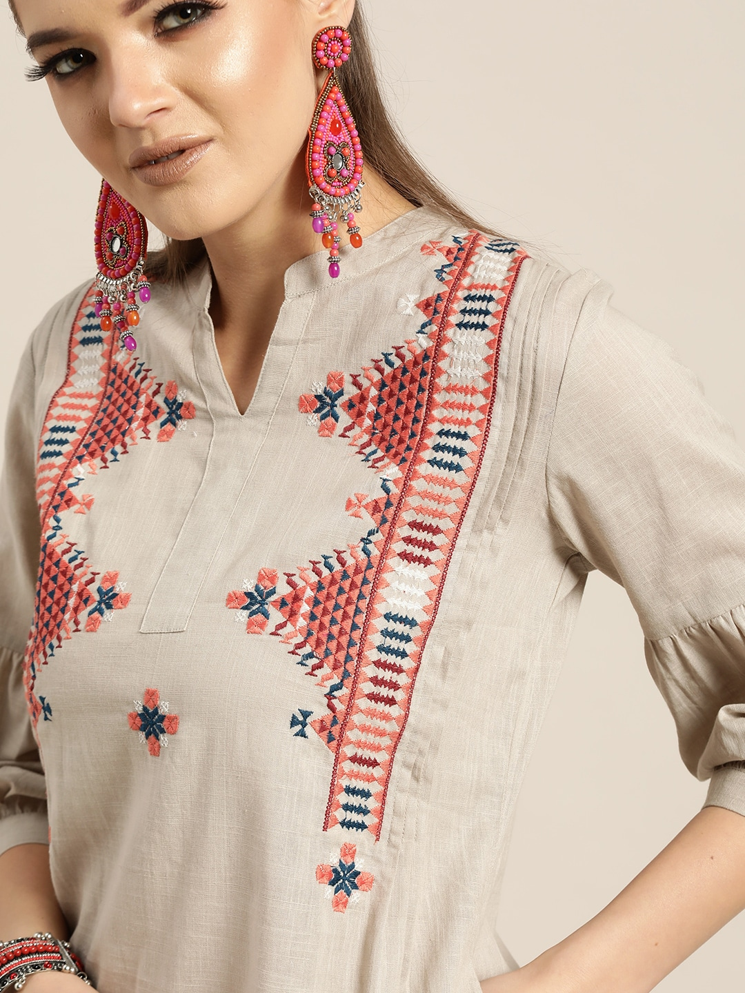 Women Beige Pure Cotton Embroidered Kurta Set