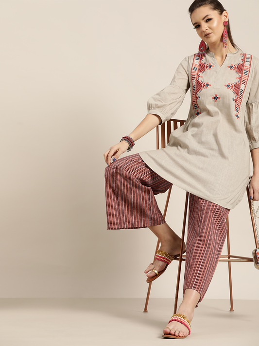 Women Beige Pure Cotton Embroidered Kurta Set