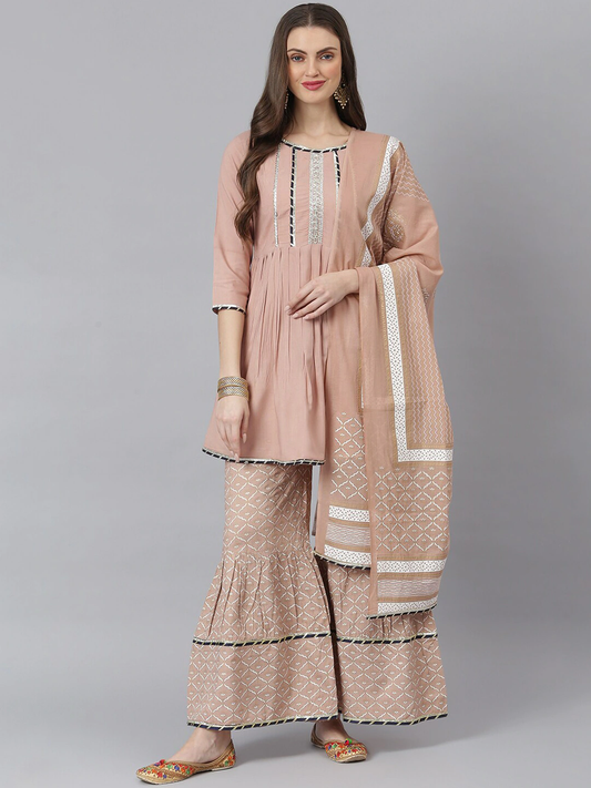 Women Beige Yoke Design A-Line Kurta Set