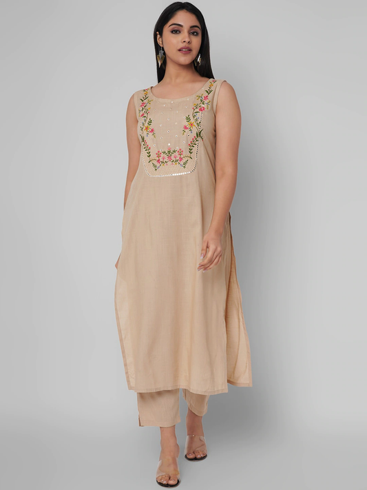 Women Beige Yoke Design Kurta Set