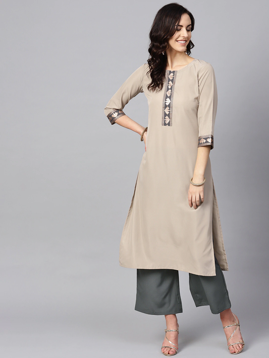 Women Beige & Charcoal Kurta Set
