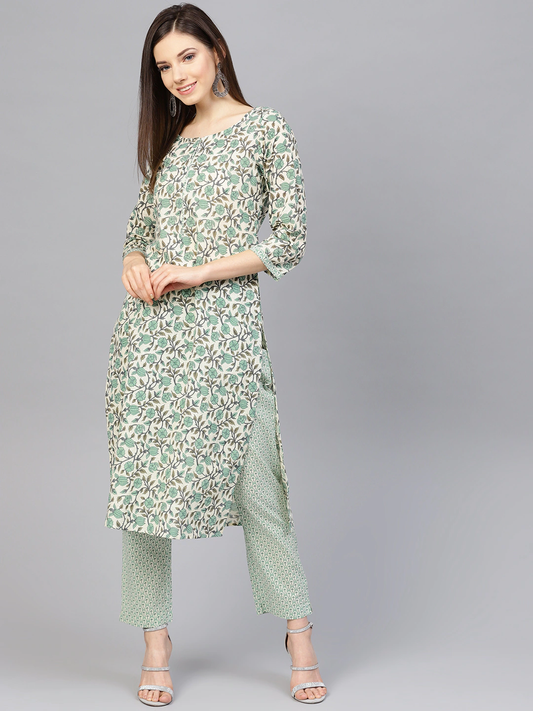 Women Beige & Green Kurta Set