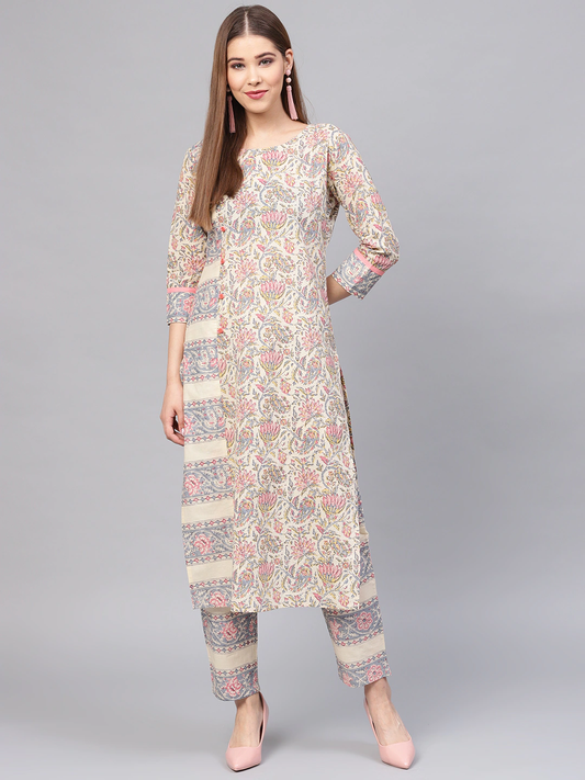 Women Beige & Grey Kurta Set