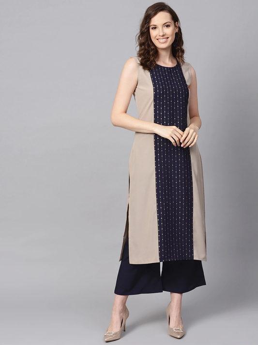 Women Beige & Navy Blue Kurta Set