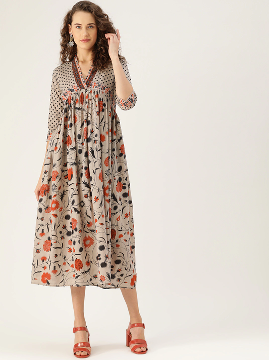 Women Beige & Orange A-Line Dress