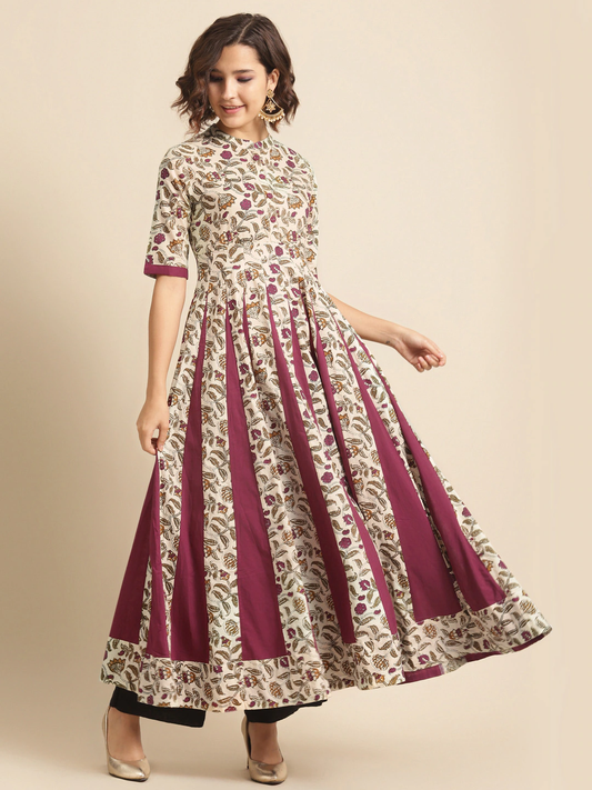 Women Beige & Pink Anarkali Cotton Kurta