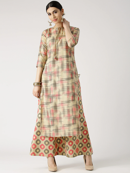 Women Beige & Pink Printed Kurta with Palazzos