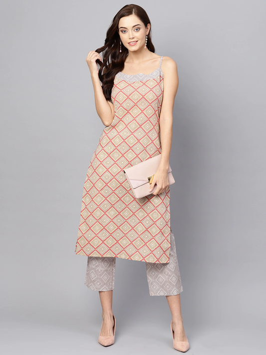 Women Beige & Pink Kurta Set