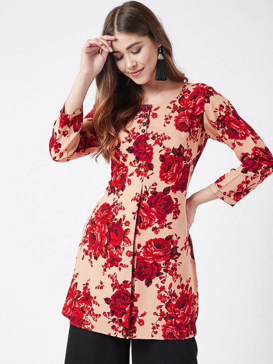Women Beige & Red Floral Printed Straight Kurti