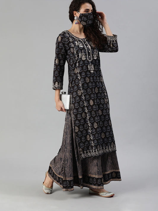 Women Black Beige Kurta Set