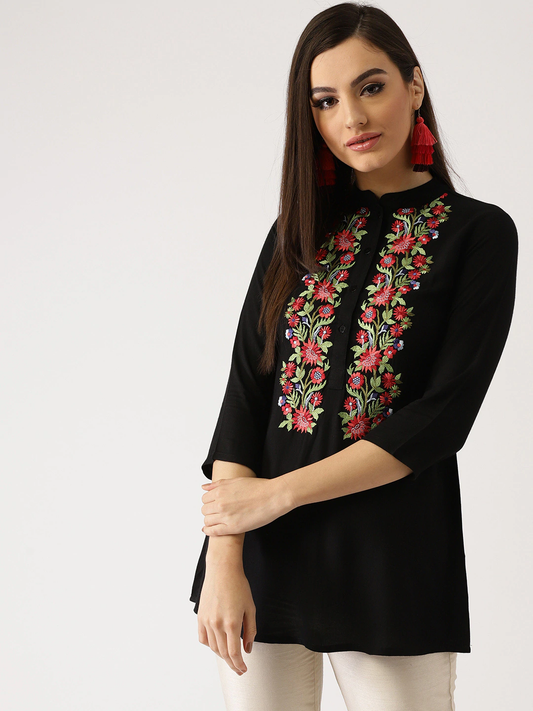 Women Black Embroidered A-Line Kurti
