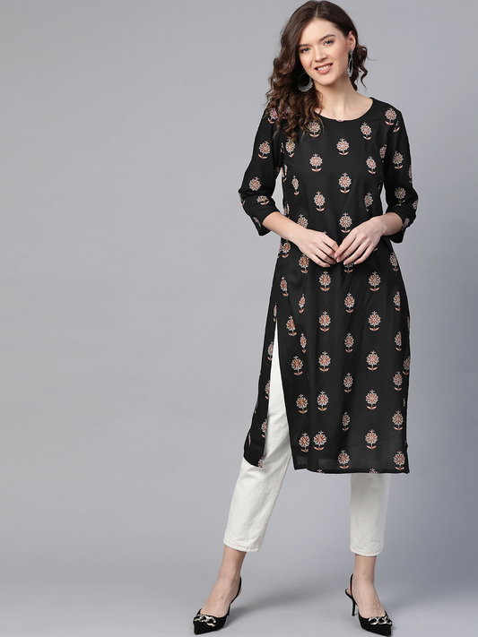 Women Black Ethnic Straight Kurta