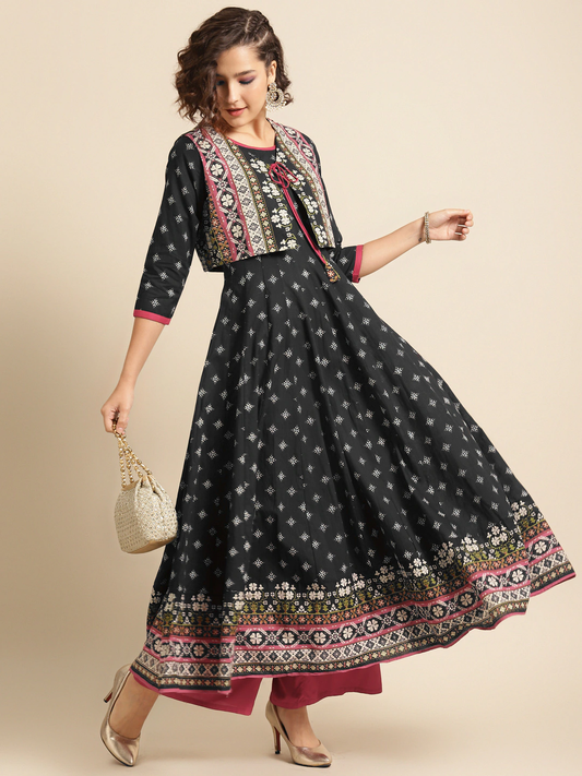 Women Black Printed Anarkali Kurta & Waistcoat