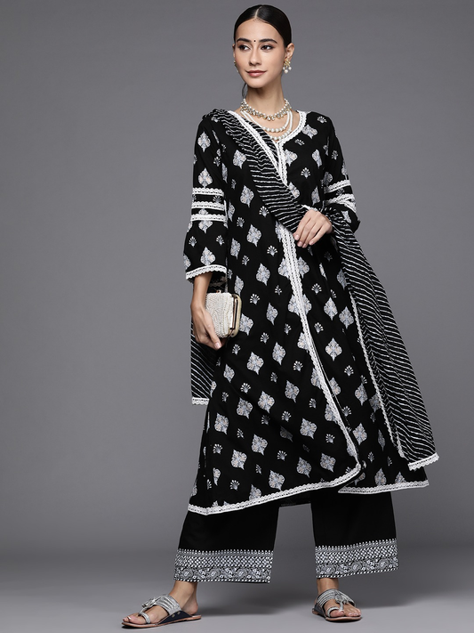 Women Black Ethnic Motifs Printed Cotton Kurta Set