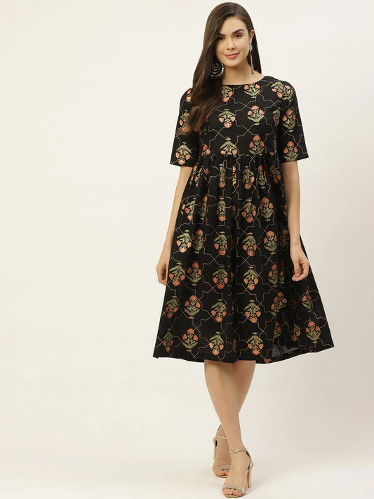 Women Black Ethnic A-Line Dress