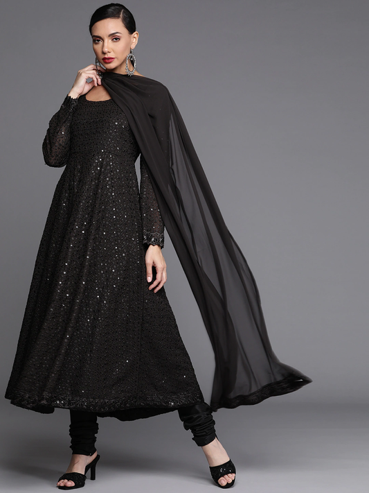 Women Black Embroidered Mirror Work Kurta Set