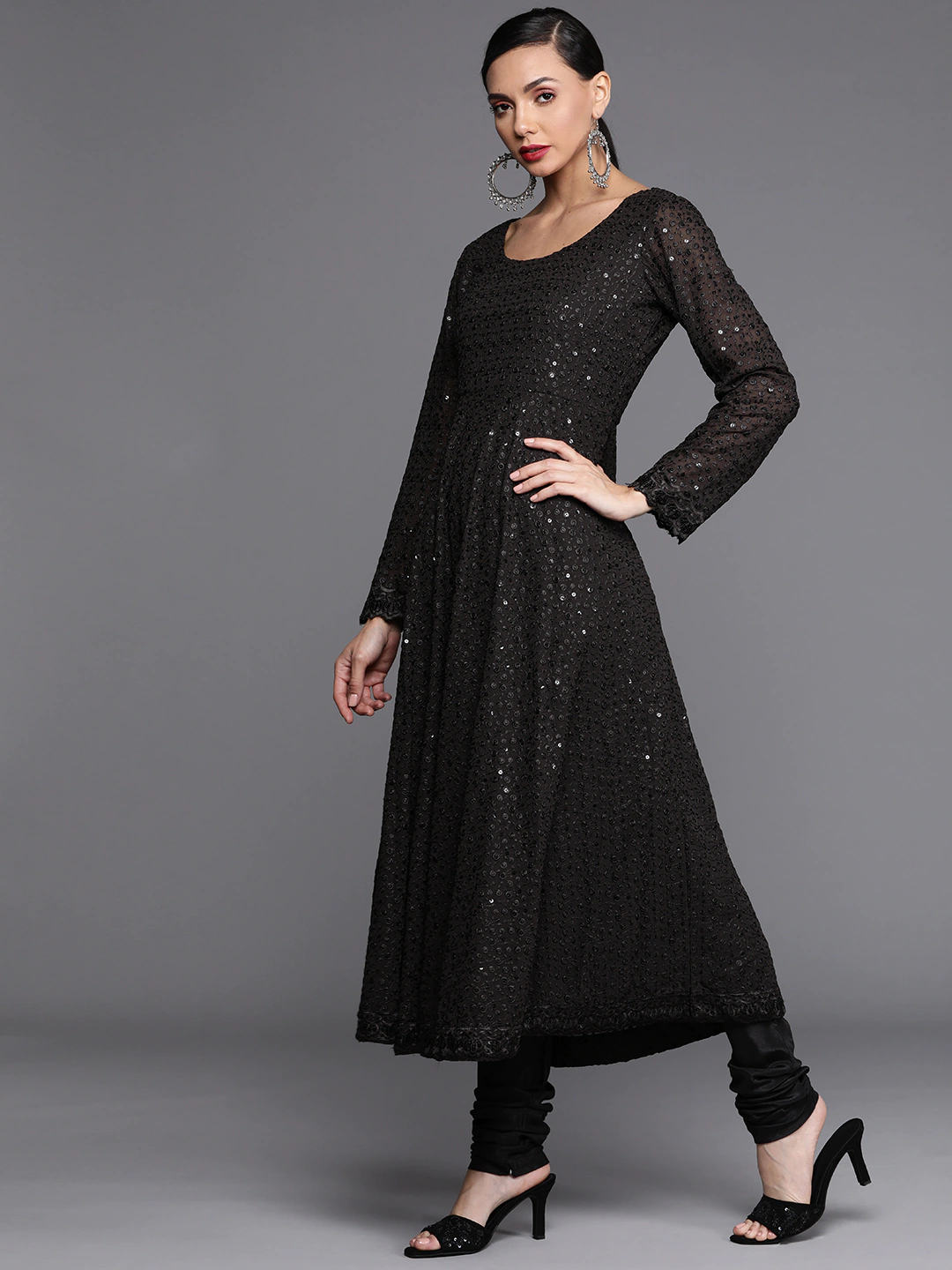 Women Black Embroidered Mirror Work Kurta Set