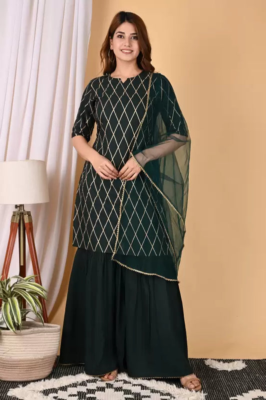 Women Bottle Green Kurta Sharara set