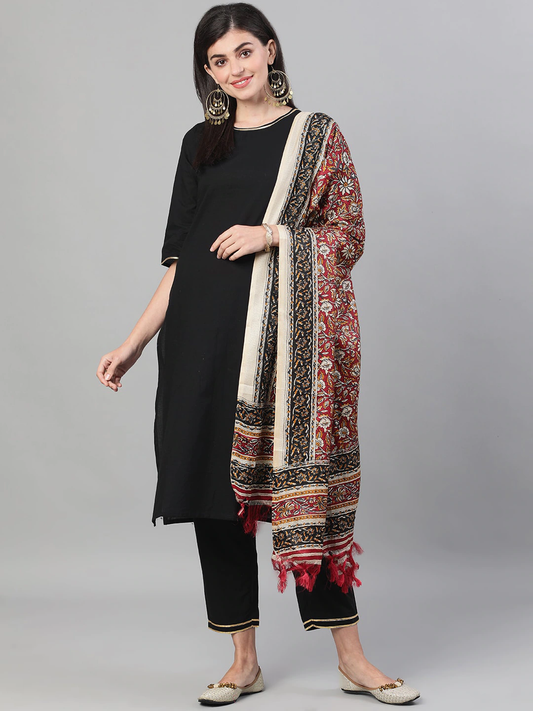 Women Black Straight Pure Cotton Kurta Set