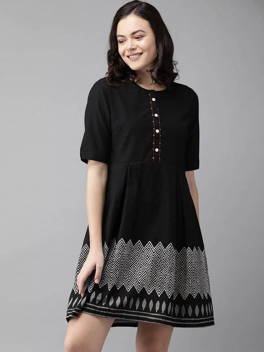 Women Black Printed A-Line Dress