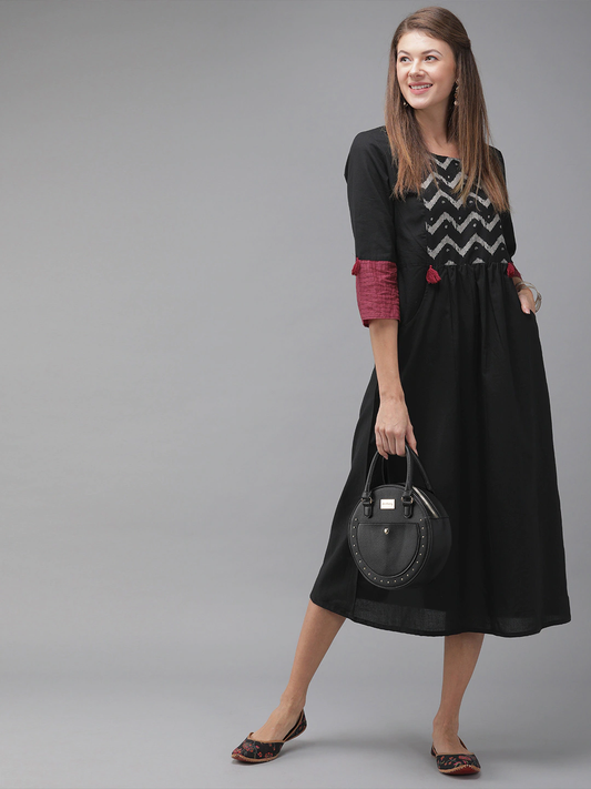 Women Black Printed A-Line Dress