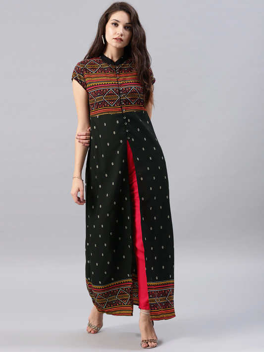 Women Black Printed A-Line Kurta