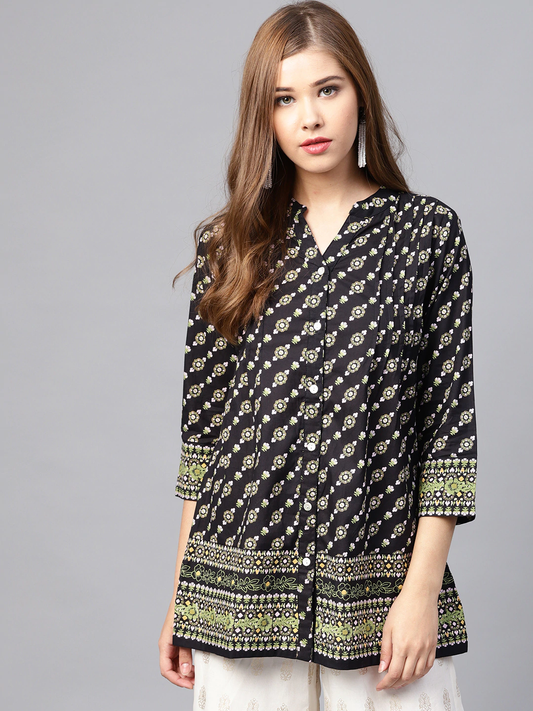Women Black Printed A-Line Kurti