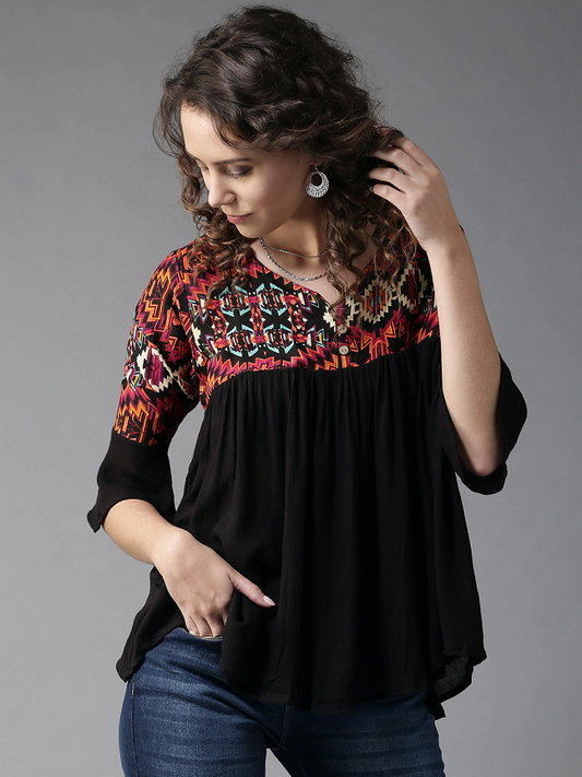 Women Black Printed A-Line Top