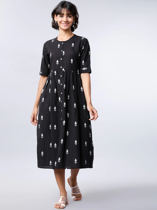 Women Black Printed Fit and Flare Dress