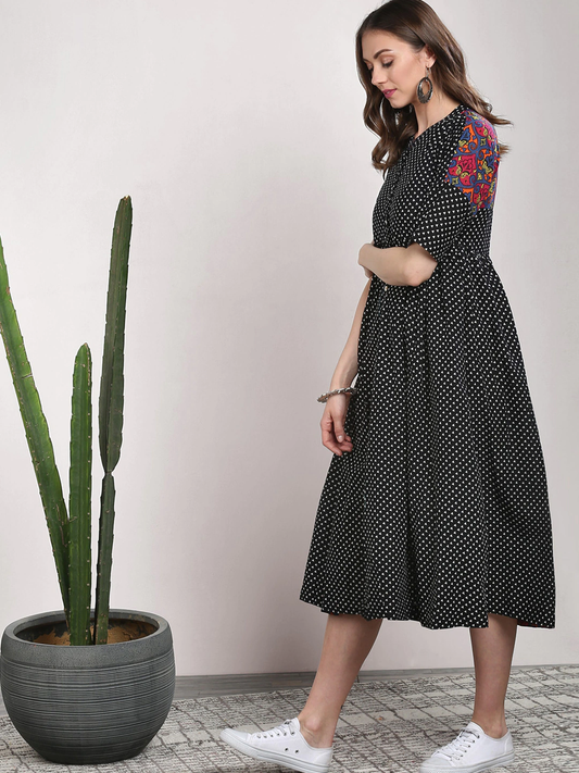 Women Black Printed Fit and Flare Dress