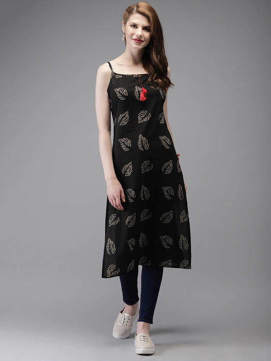 Women Black Printed Straight Kurta