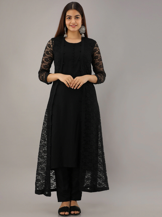 Women Black Kurta Set & Jacket