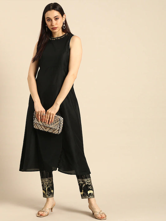 Women Black Regular Embroidered Kurta with Trousers