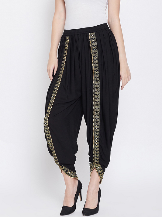 Women Black Solid Dhoti Salwar With Embellished Border