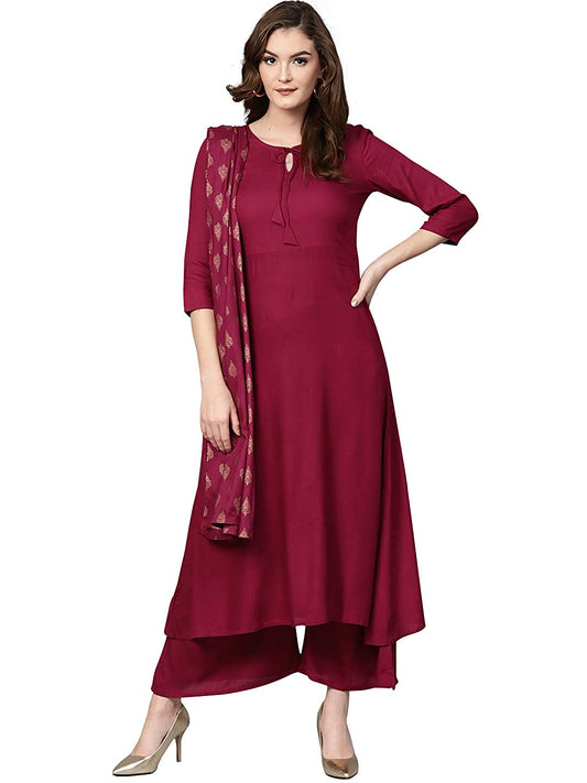Women Maroon Solid Kurta with Palazzos & Dupatta