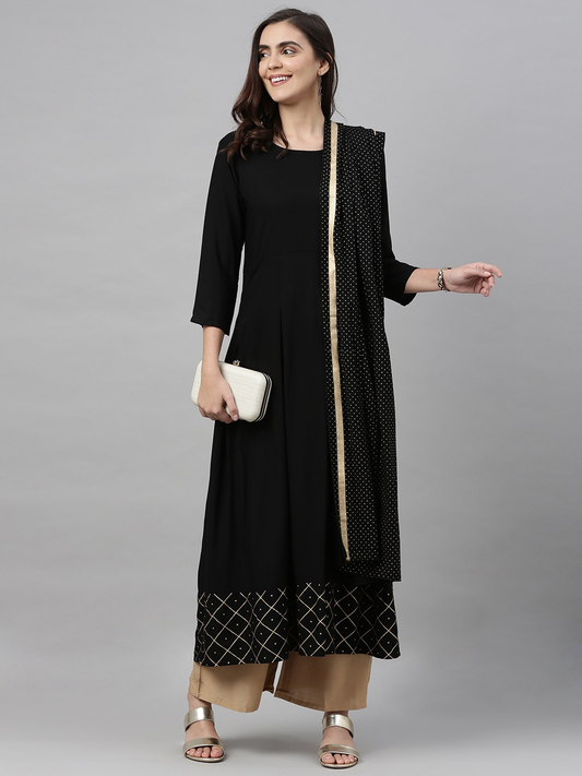 Women Black Kurta, Palazzos & Dupatta Set