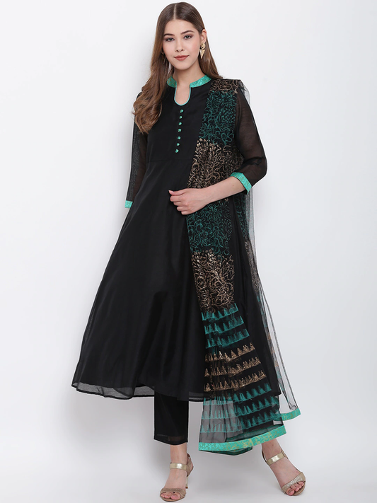 Women Black Kurta, Trousers & Dupatta