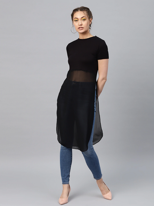 Women Black Solid Semi-Sheer Top