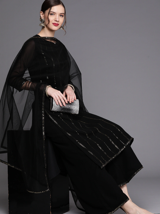 Women Black Striped Kurta Palazzos & Dupatta Set