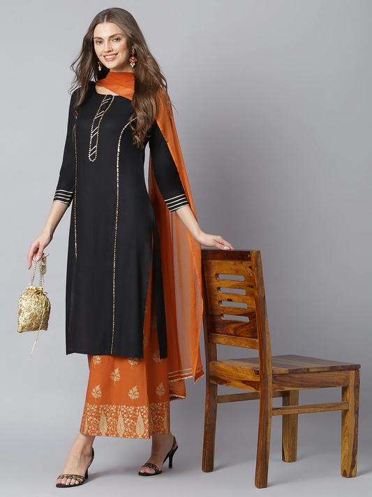 Women Black Woven Design Kurta Set
