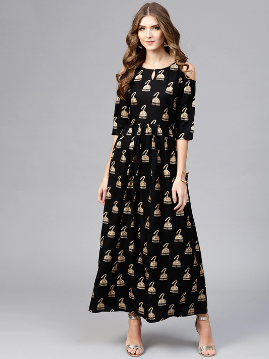 Women Black & Golden Print Dress