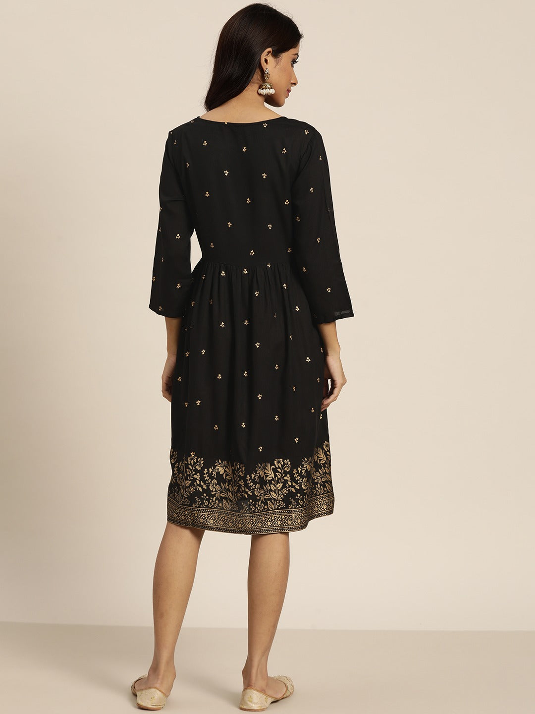 Women Black & Golden Ethnic A-Line Dress
