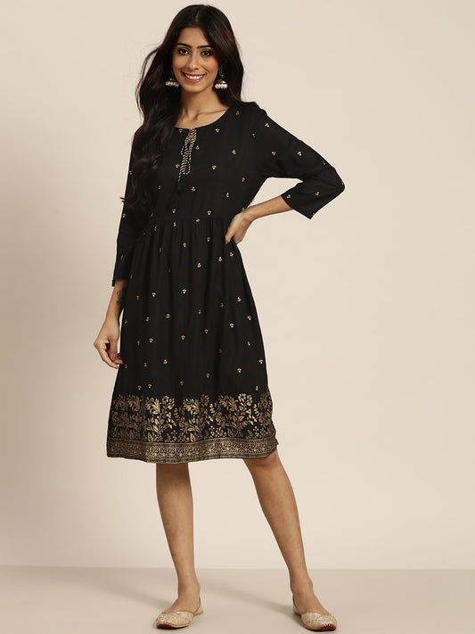 Women Black & Golden Ethnic A-Line Dress
