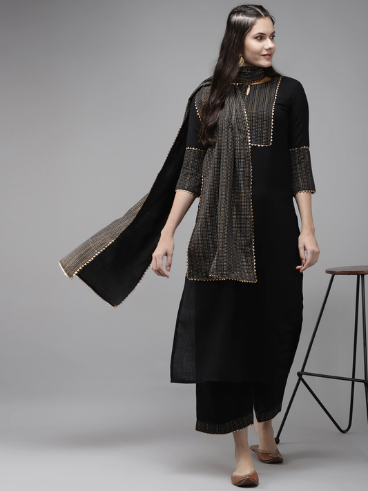 Women Black & Golden Kurta with Palazzos & Dupatta