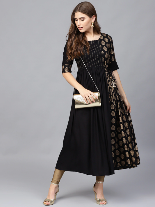 Women Black & Golden Kurta