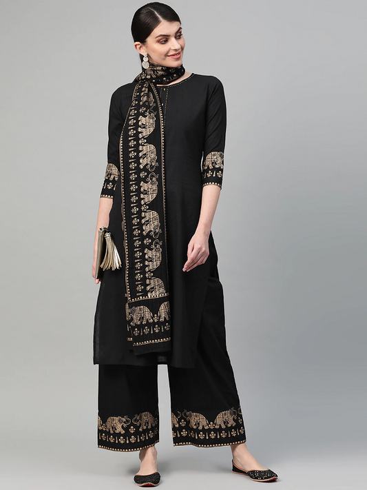 Women Black & Golden Solid Kurta with Palazzos & Dupatta