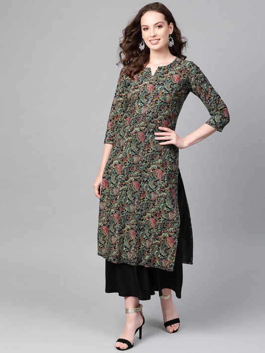 Women Black & Green Straight Kurta
