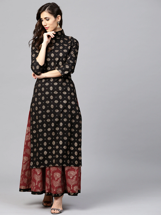Women Black & Maroon Printed Kurta with Skirt